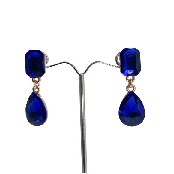 Gold and Royal Blue Crystal Dangle Earrings - Picture 2 of 4